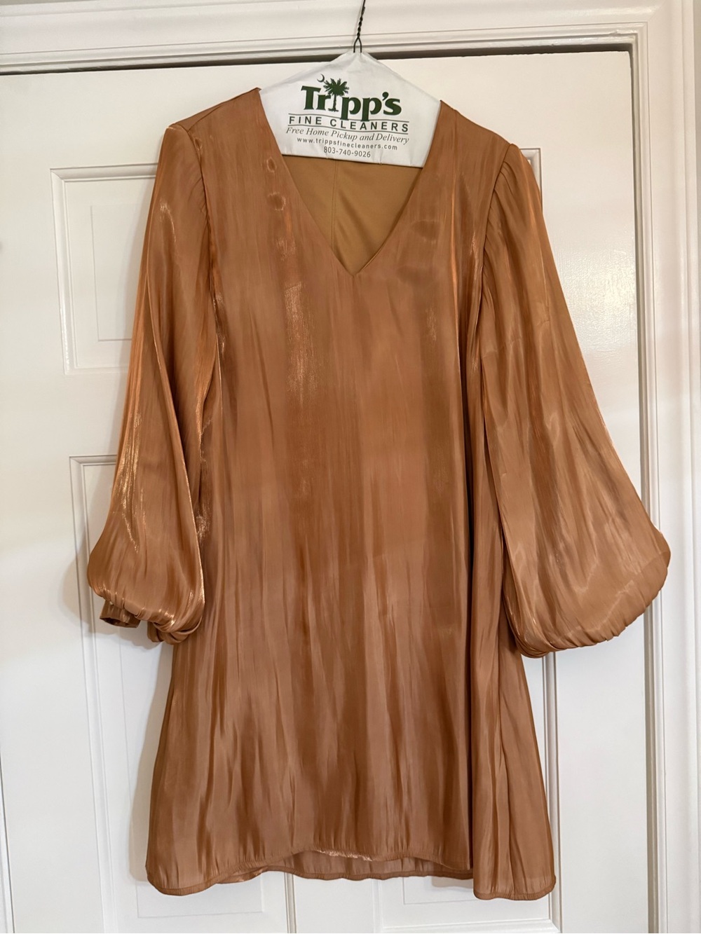 JODIFL Copper Brown Shimmery V-Neck Balloon Sleeve Dress